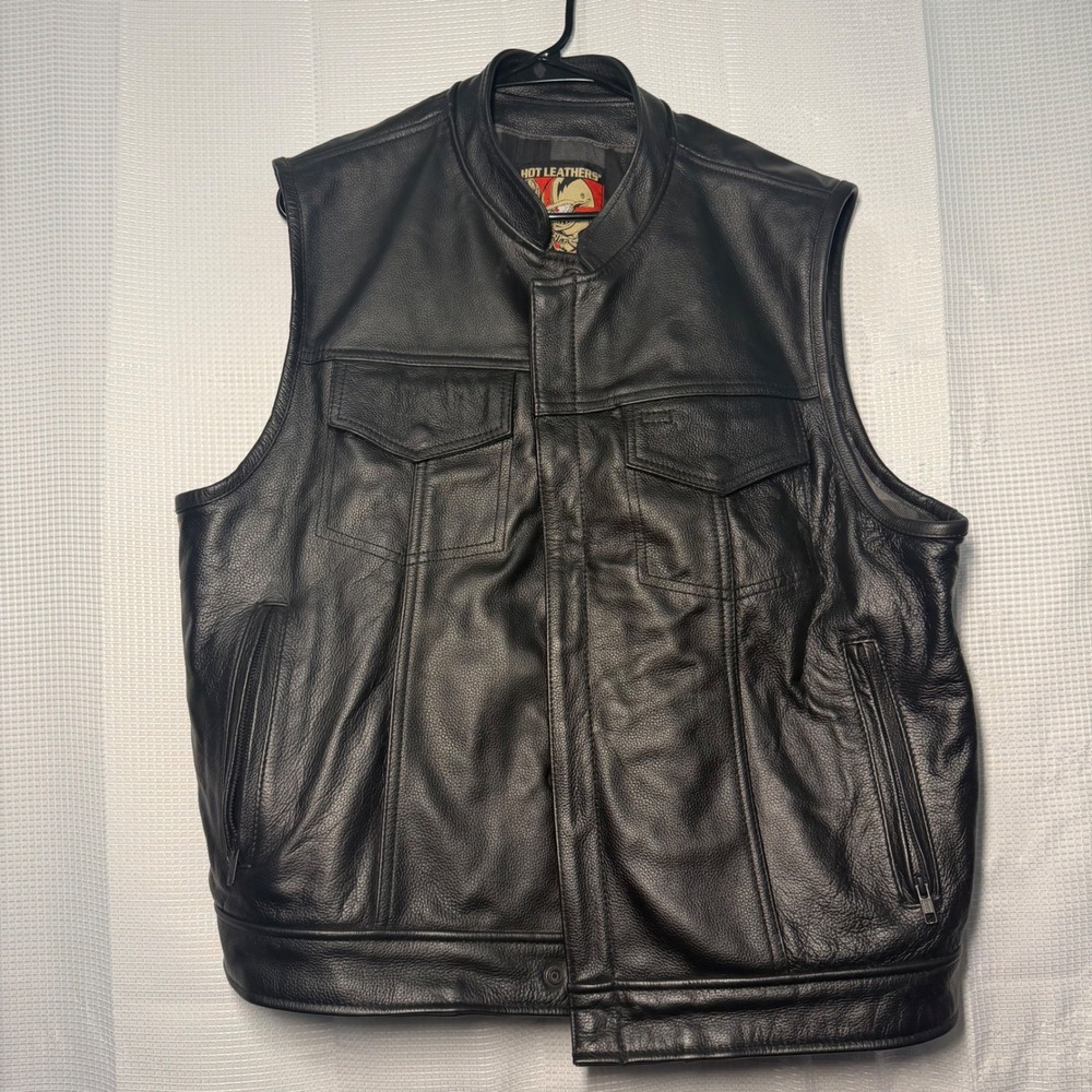 Hot Leathers XXL Genuine Leather Motorcycle Biker Vest Conceal Carry Black Plaid